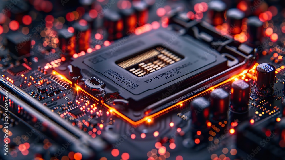 Poster a macro shot of a computer motherboard and cpu with a colorful mood all logos have been cloned out.i