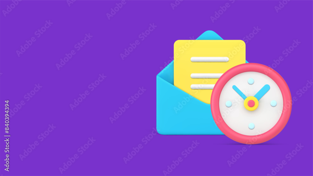 Poster send email time notification timer alarm clock 3d vector illustration. texting message letter blank