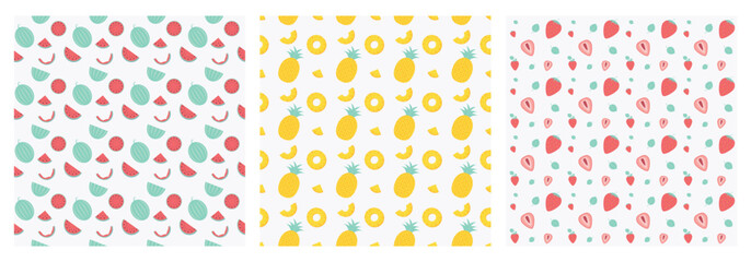Summertime fruits pattern set. Watermelon, pineapple, strawberries.