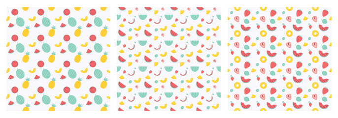 Summertime fruits pattern set. Watermelon, pineapple, strawberries.