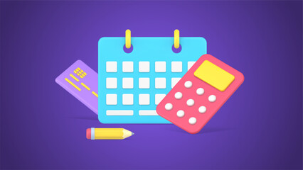 Business planning graph payment counting with calculator and calendar reminder 3d icon isometric