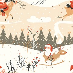 Santa Claus riding a reindeer through a snowy landscape, with the reindeer&acirc;&euro;&trade;s antlers adorned with fairy lights, in an adorable kindergarten-style line drawing. Minimal pattern banner wallpaper,