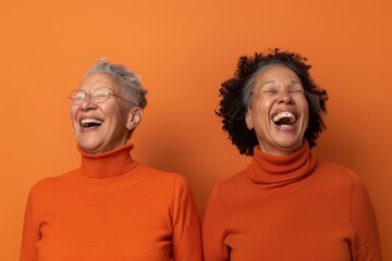 diverse two senior women happy smiling and laughing naturally standing on minimal orange background