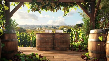 Naklejka premium Vineyard Bliss Blank Business Cards on Oak Barrels in Rustic Tasting Room with Panoramic Grapevine View