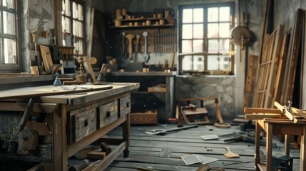 Craftsman's Haven Vintage Woodworking Shop with Handcrafted Furniture and Tools