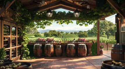 Obraz premium Vineyard Bliss Blank Business Cards on Oak Barrels in Rustic Tasting Room with Panoramic Grapevine View