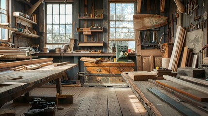 Fototapeta premium Craftsman's Haven Vintage Woodworking Shop with Handcrafted Furniture and Tools