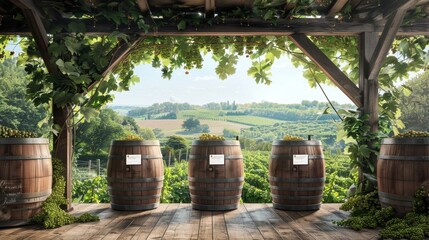 Fototapeta premium Vineyard Bliss Blank Business Cards on Oak Barrels in Rustic Tasting Room with Panoramic Grapevine View
