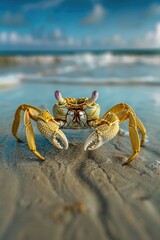 A small crab scuttling across the sandy beach, with the vast ocean stretching out behind it