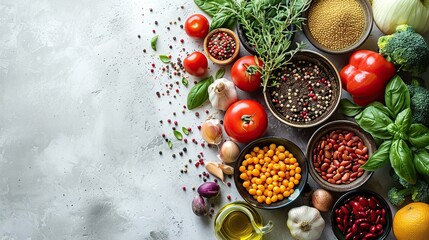 a flat lay of vegetables fruit beans cereals kitchen utensils dried flowers olive oil and kitchen utensils over a white painted wooden background with copyspace on the front.image illustration