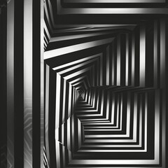 Naklejka premium Abstract black and white photo of a spiral pattern, formed by a series of diminishing squares, creating a sense of movement and depth in the geometric composition. Minimal pattern banner wallpaper,