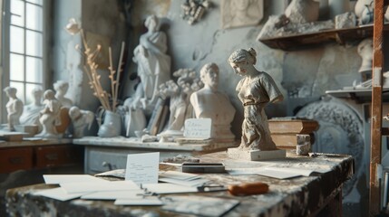 Artistic Ambiance Sculptor's Studio with Business Cards Amidst Clay Figures and Tools