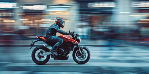 Fototapeta premium A person riding a motorcycle on a city street, with urban background and traffic