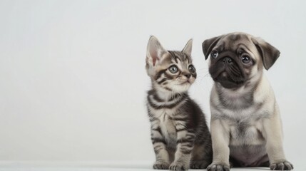 A tabby kitten and a pug puppy are sitting next to each other, looking to the right side of the frame. Both animals have their ears perked up and appear to be curious.