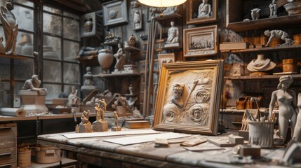 Artistic Ambiance Sculptor's Studio with Business Cards Amidst Clay Figures and Tools