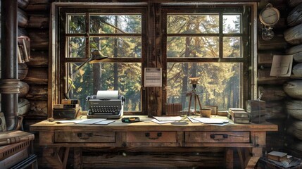 Fototapeta premium Serene Writer's Retreat Blank Business Cards Typewriter and Manuscripts in Secluded Cabin Surrounded by Nature