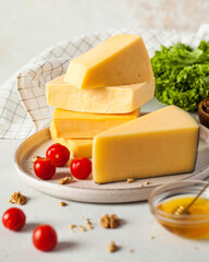 Cheeses chunks with cherry tomatoes on kitchen table