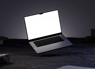 Modern laptop screen mockup floating on a dark scene in realistic 3D rendering. Notebook display template for UI UX, webs and branding design presentation