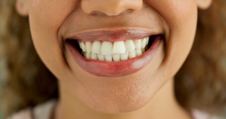 Person, african and portrait with teeth, smile and dental care and oral hygiene or health. Mouth,...