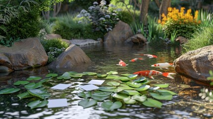 Fototapeta premium Tranquil Koi Pond Blank Business Cards Amidst Serene Water Plants and Graceful Koi Fish Portfolio Table Design for Pond Company