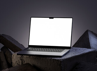 Modern laptop screen mockup on a dark scene in realistic 3D rendering. Notebook display template for UI UX, webs and branding design presentation