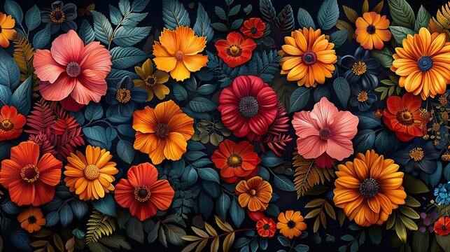 the background of this seamless pattern is black with different flowers and leaves.illustration