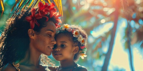 Obraz premium A woman and a child standing together under the shade of a palm tree