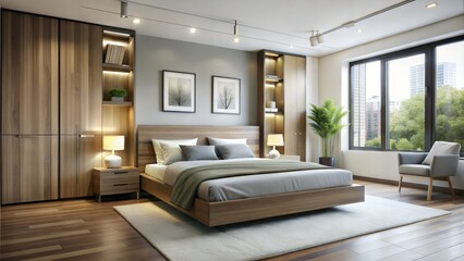 Furniture in a modern bedroom is characterized by simplicity and functionality. A platform bed with a low-profile frame and straight, clean lines is a common choice for the centerpiece.