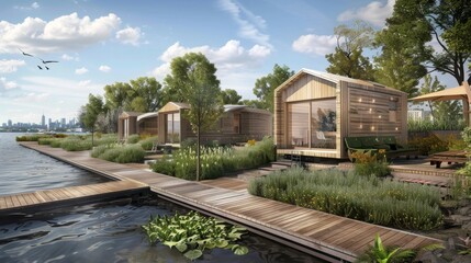 Obraz premium Seaside Serenity EcoFriendly Tiny Homes with Organic Gardens and Renewable Energy