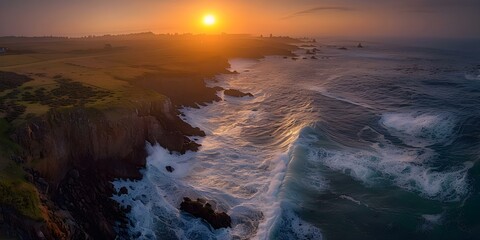 Ocean waves crashing against rocky cliffs at sunset from an aerial perspective. Concept Aerial Photography, Ocean Waves, Rocky Cliffs, Sunset, Nature Landscape