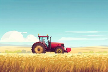 Obraz premium Illustration of a red tractor working in a field. Agricultural business development concept