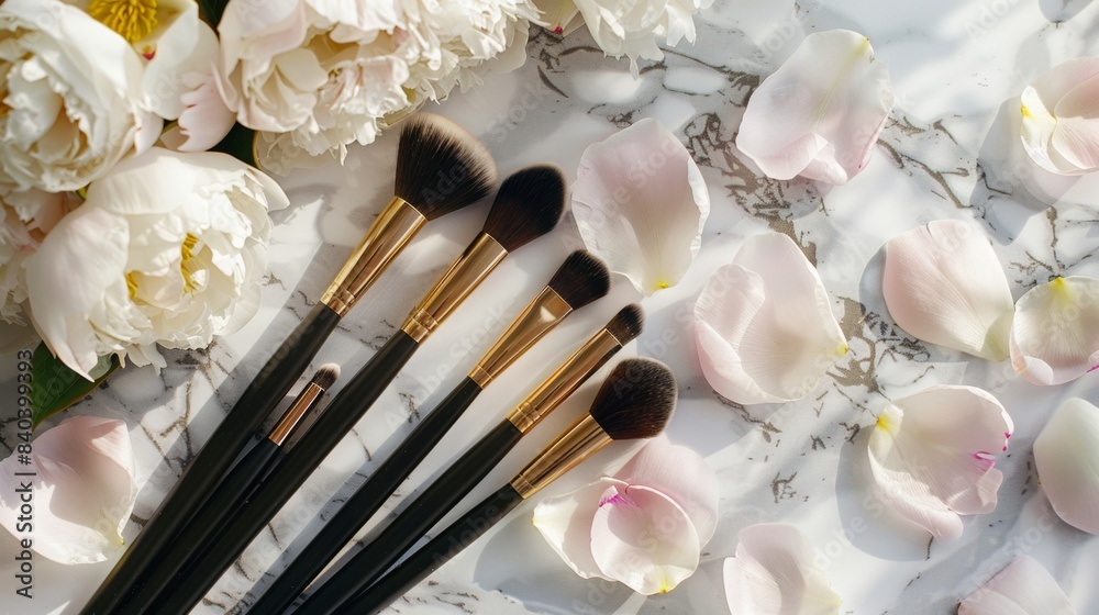 Wall mural Luxurious HighEnd Makeup Brushes on Marble Surface with Delicate Peony Petals Beauty and Elegance in Every Stroke