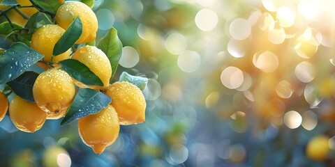 Lemons on a lemon tree in a sunny lemon farm, ready to be picked. Concept Lemon Harvest, Sunny Citrus Orchard, Freshly Picked Fruit, Agriculture, Farming Happiness