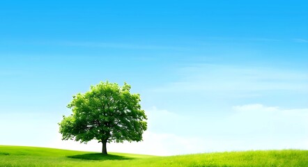 Obraz premium A single solitaire tree with vibrant green leaves on a verdant hill, under the clear blue sky with white clouds