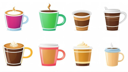 A collection of colorful coffee cup clip art. Isolated white background