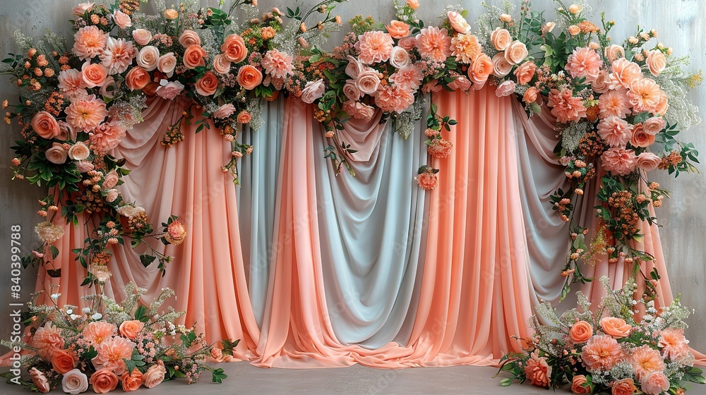 Wall mural flowers and greenery adorn wall with peach-colored drapes