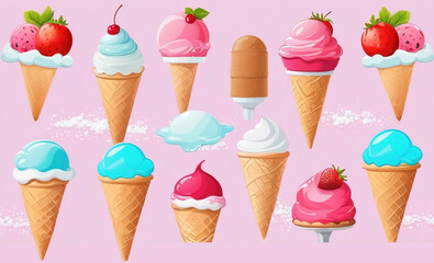 Collection of many ice cream sets. Isolated pink background