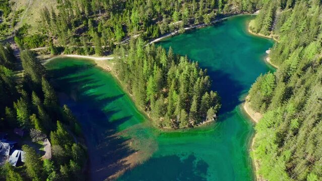 Gr&uuml;ner See in Spring, Styria, Austria, Drone Footage, Aerial View