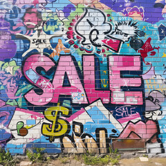 Obraz premium Spray painted graffiti wall fun bold retail text SALE graf paint artist tag rainbow colorful pink blue city street art mural shop discount value deal commerce store savings word background painting ad
