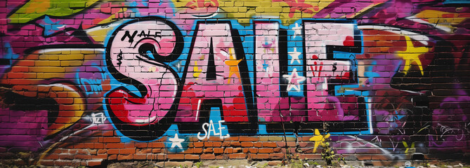 Fototapeta premium Spray painted graffiti wall fun bold retail text SALE graf paint artist tag rainbow colorful pink red city street art mural shop discount value deal commerce store savings word background banner ad
