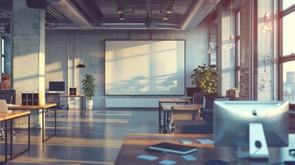 Dynamic Workspace Modern Open Plan Office with Vibrant Project Boards Tech Gadgets Blank Business Cards for Creative Marketing Agency Professional and Innovative Workplace Environment