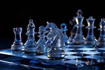 Beautiful glass chess on a glass board on a black background. Concept for developing critical and abstract thinking, concentration, creativity, problem solving, celebrating international chess day.