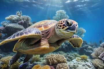 Fototapeta premium Turtle, A sea turtle swimming over a coral reef