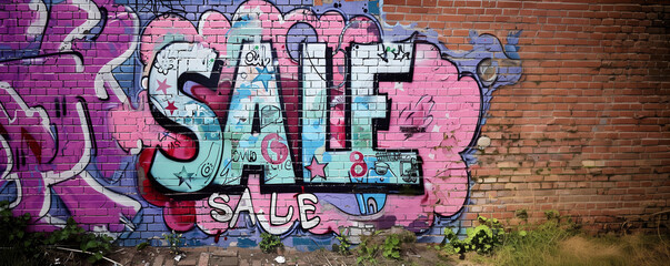 Fototapeta premium Spray painted graffiti brick wall fun bold retail text SALE graf paint artist tag pastel colorful pink blue city street art mural shop discount value deal commerce savings word background painting ad