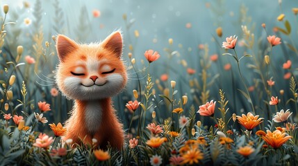 Fototapeta premium illustration of a cute animal smile face in a spring flower garden great for children s rooms or animal wallpaper.stock image