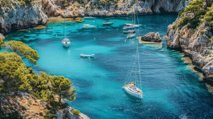 A Sunny Day on the French Riviera: Sailboats Glide Through Turquoise Waters Amidst Cliffside Beauty. Generative AI