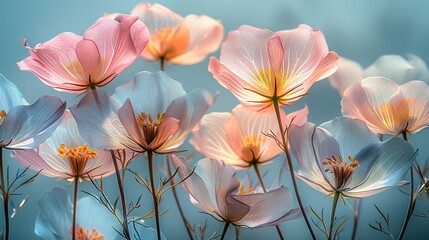   A cluster of pink and blue blossoms against a blue canvas with a hazy sky in the background