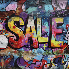 Obraz premium Spray painted graffiti brick wall fun bold retail text SALE graf paint artist tag rainbow colorful yellow city street art mural shop discount value deal commerce savings word background painting ad