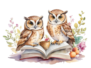 2 owls reading a book. Clipart watercolor illustration. Isolated transparent background