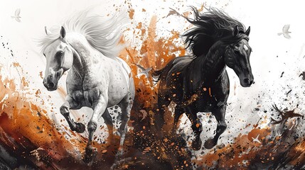 white and dark brown wild arabian horses cloud eagle on a white background in watercolor for cloth linen wallpaper texture or other textile prints.image illustration